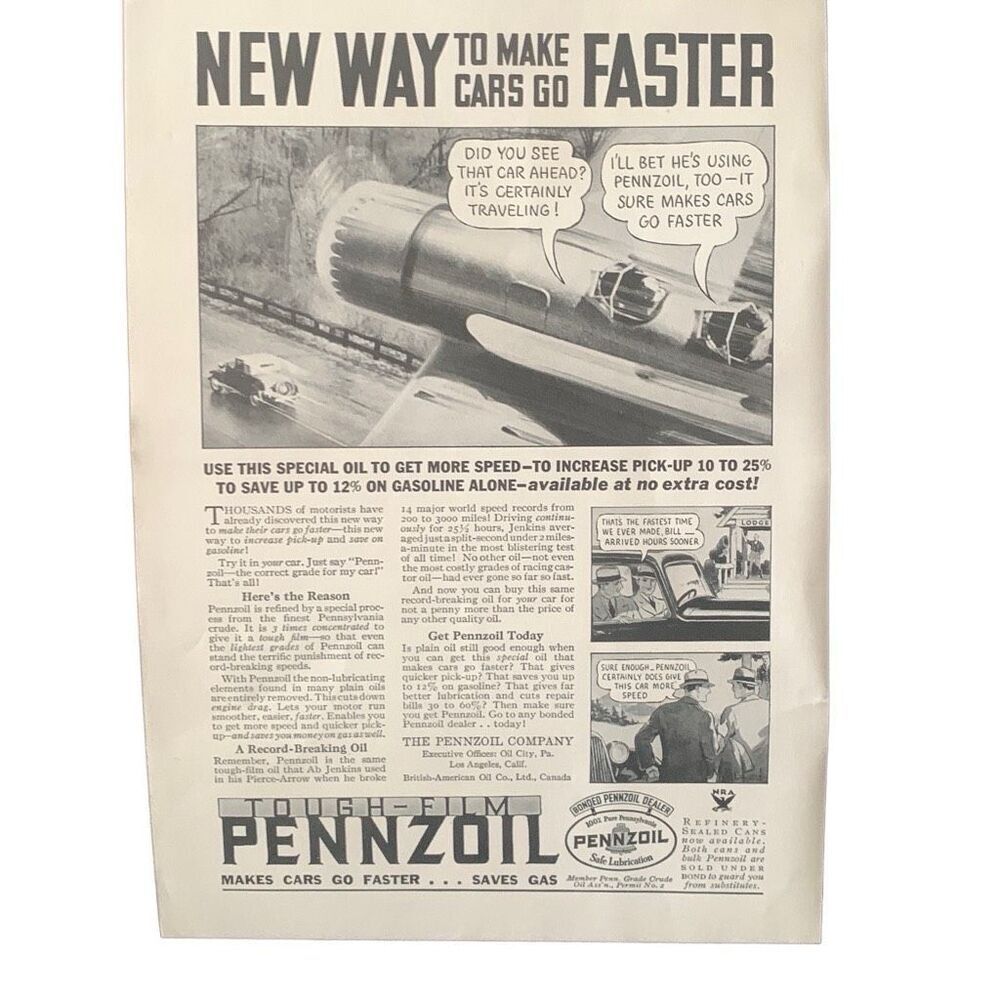 Vintage 1934 Pennzoil To Make Cars Go Faster Ad Advertisement